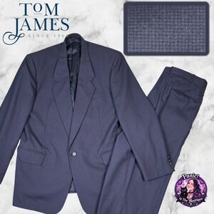 VTG Tom James Suit 1998 Men 48R Houndstooth Navy Union Made USA 1990s Timeless